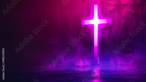 A glowing neon cross radiating vibrant purple and pink light in a dark atmospheric space with mist and reflections