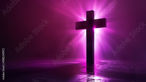 A glowing neon cross radiating vibrant purple and pink light in a dark atmospheric space with mist and reflections
