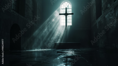 Dramatic light beams streaming through a church window illuminating a solitary cross inside a dark