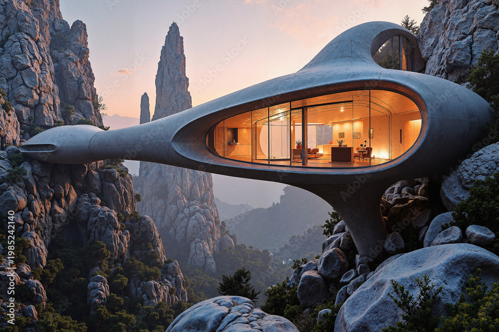 Fototapeta premium Futuristic Organic House Overlooking Mountain Landscape at Sunset