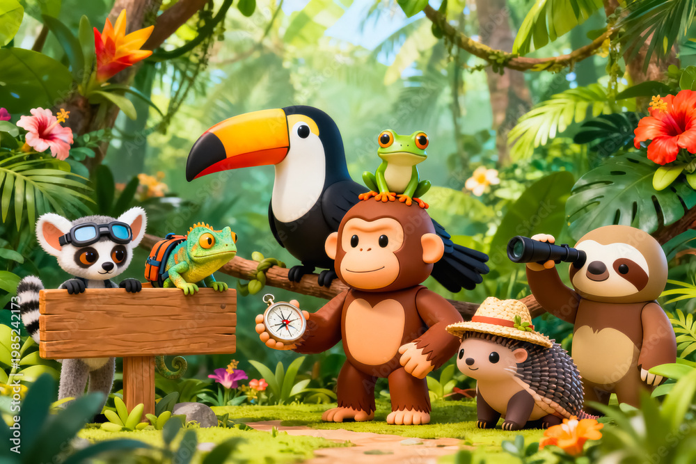 Fototapeta premium Adventurous Jungle Animals Exploring Together