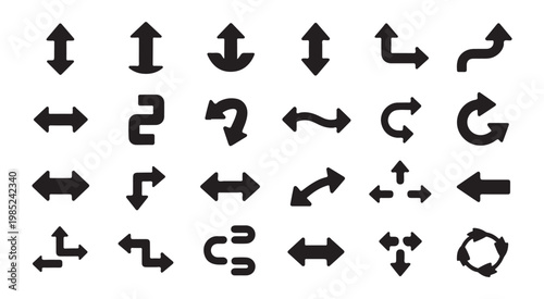 Collection of various black arrow icons symbolizing direction movement navigation and communication on transparent background.
