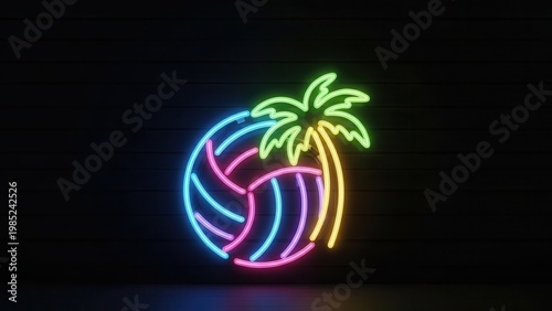 Vibrant neon volleyball and palm tree sign illuminating a dark space for summer vibes and tropical