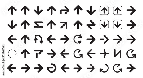 Universal thin line black arrows for directional signage and instructional graphics set against grid background.