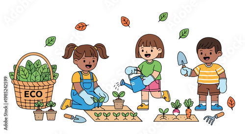 Three diverse children enjoy gardening together, planting sprouts and watering plants in a colorful and eco-friendly outdoor setting.