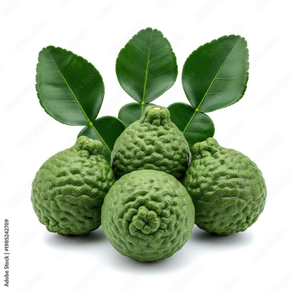 Fototapeta premium Fresh green Buddha’s hand citrus fruits with leaves isolated on white background