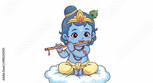 Playful blue baby Krishna sitting on a fluffy cloud and playing a wooden flute with a decorative crown