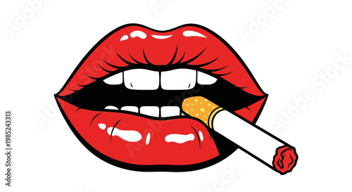Glamorous Red Lips Smoking Cigarette Pop Art Style