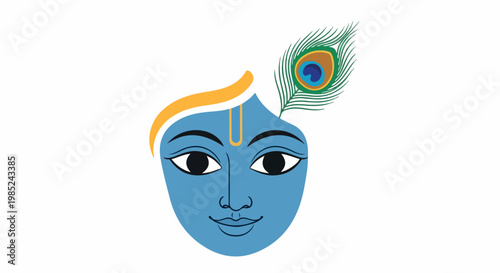 Blue skinned mythological figure illustration with peacock feather and orange headband, serene gaze