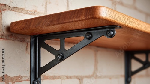 Elegant wooden shelf with metal bracket against vintage brick wall for modern home interior design decor purposes