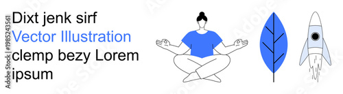 Wellness, creativity, innovation, mindfulness, nature, growth. A person meditating in yoga pose, a blue leaf and a rocket icon. Wellness and creativity concept emphasizing mindfulness and growth