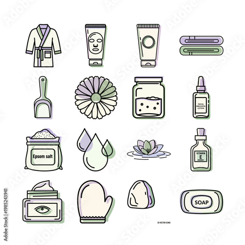 Skincare Spa Elements Line Art or Cosmetic Items Vector Set