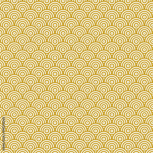 Seamless pattern of overlapping circles in a golden yellow hue with white outlines, creating a sense of depth and visual rhythm, perfect for backgrounds and design elements