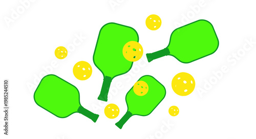 Pickleball Paddles and Balls Scattered on White Background, Sport Equipment