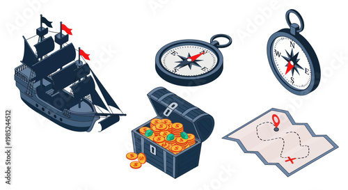 Pirate Treasure Map, Ship, Compass and Chest with Gold Coins