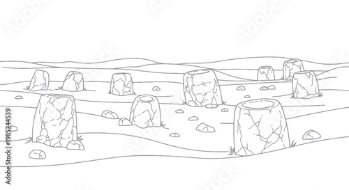 Stylized Desert Landscape with Standing Stones and Rolling Dunes