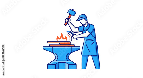 Blacksmith working metal on anvil with hammer, fire and sparks, illustration