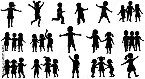 Children Silhouettes: Diverse Poses, Playful Actions, Group and Solo