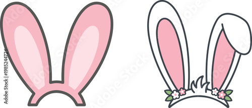 Cute cartoon bunny ears headbands set with pink inner ears, floral crown, and bow tie elements, perfect for Easter, costume design, and playful illustrations.