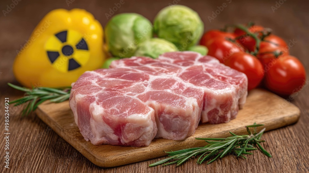 Fototapeta premium Fresh Raw Meat on Wooden Cutting Board Surrounded by Colorful Vegetables and Herbs in Natural Lighting