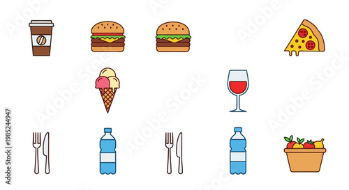 A vibrant collection of food and drink icons, including burgers, pizza, coffee, and wine, perfect for menus and food-related designs