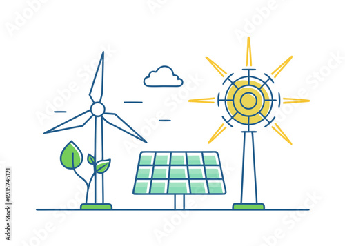 Renewable energy sources including wind solar and plant life shown in outline