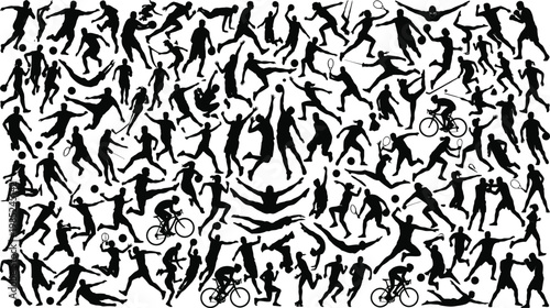 Energetic sports collage black and white silhouettes with athletes silhouettes competition movement diversity swimming basketball volleyball gymnastics training recreation lifestyle