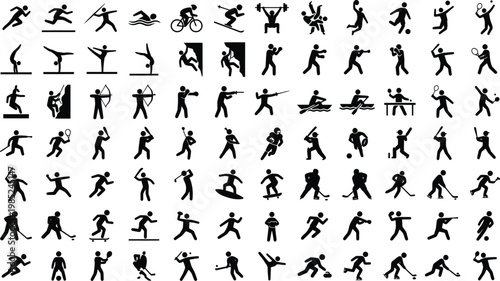 Collection of sports icons and symbols black silhouettes with figure skating ski jumping table tennis track and field modern pentathlon water polo synchronised swimming weight training