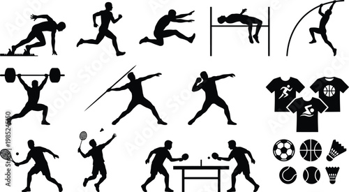 Individual sports figures and equipment black silhouettes with track and field pole vault high jump sports apparel t shirts soccer ball tennis ball badminton shuttlecock table tennis athletes