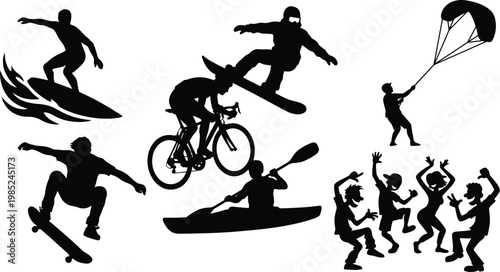 Action sports figures and celebration silhouettes with extreme sports mountain biking water sports snow sports board sports silhouettes snowboarding kayaking paddling skateboarding activity
