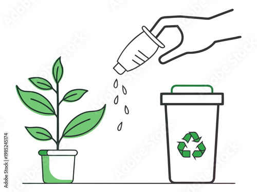 Hand dispensing liquid onto a plant growing from a container
