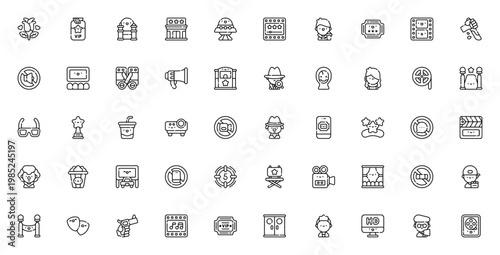 Cinema icon set. Vector illustration pack with film, director, ticket, popcorn, theater, camera, horror, comedy and more. Editable stroke icons.