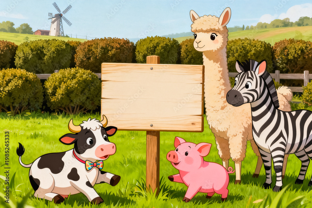 Fototapeta premium Cartoon Animals on Green Farmland with Signboard