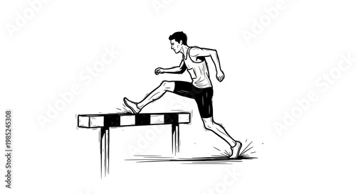 Athlete jumping over hurdle, athletic race, track and field, sketch style