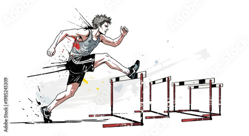 Athlete jumping over hurdles, dynamic watercolor illustration