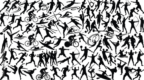 Diverse sports figures collage black and white silhouettes with athletes silhouettes competition movement diversity swimming basketball volleyball gymnastics training recreation lifestyle