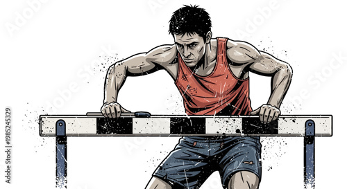 Athlete jumping over hurdle, dynamic action shot, running race