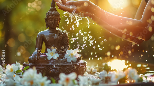 A serene and spiritual scene of a golden Buddha statue being gently bathed with water by hand during a traditional ritual