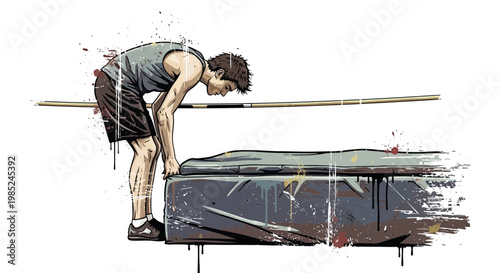 Athlete preparing for high jump, dynamic illustration with paint splatters