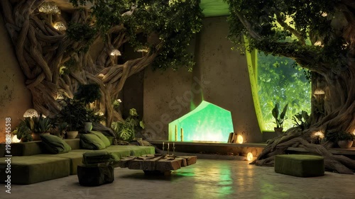 A magical forest living room glows with an emerald fireplace, animated mushrooms and living tree roots forming the walls