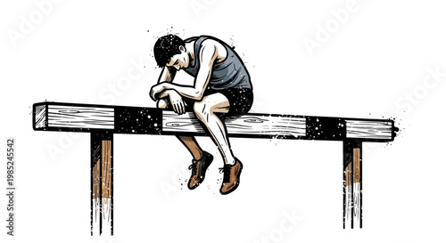 Athlete sitting on hurdle, feeling discouraged after failure