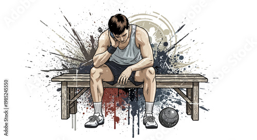 Athlete sits on bench, feeling dejected after competition, abstract background