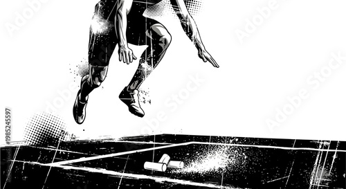 Athlete starting race on track, dynamic black and white illustration