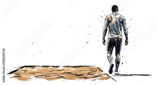 Athlete walking away from long jump pit, watercolor style
