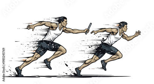 Athletes passing baton in relay race, dynamic motion, speed, teamwork