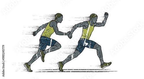 Athletes running relay race, passing baton, motion blur, white background