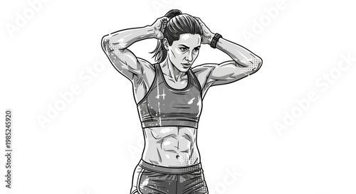 Fit woman with toned abs adjusting ponytail, black and white illustration