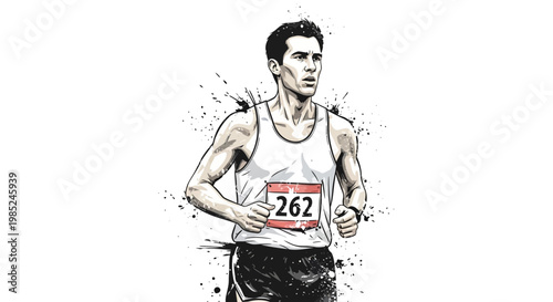 Male runner with bib number 262 during a race, dynamic sketch style