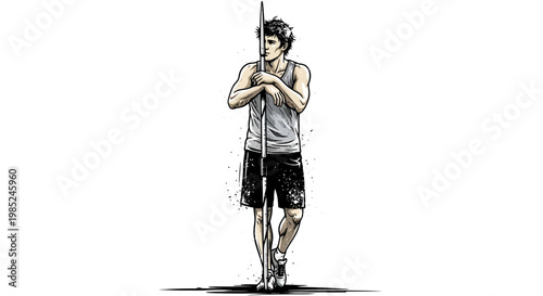 Man leaning on pole, athletic build, wearing tank top and shorts, isolated on white background