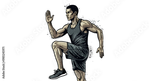 Man exercising, high knee run, fitness, sports illustration